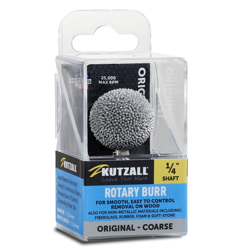 Kutzall Original Sphere Rotary Burr, 1â„4" Shaft, Coarse - Wood Carving Bit for Bosch, DeWalt, Milwaukee Tools. Abrasive Tungsten Carbide Coating, 1" (25.4mm) Head Diameter, S-1 - Image 1